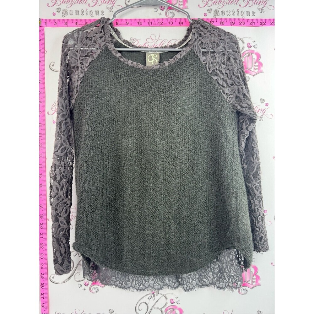 One September shirt knit ruffle back unique Lace-Sleeve Knit Pullover Top - Gray